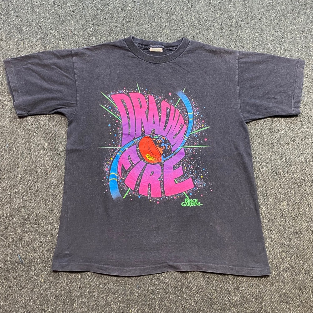 Vintage Busch Gardens Drachen Fire TShirt Sz M Mens Black 90s Skater Coaster